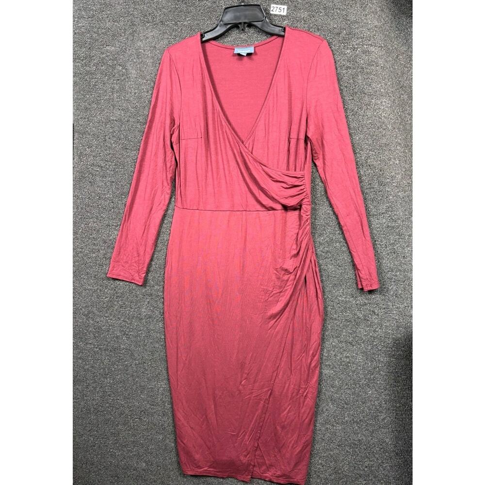 Modcloth Faux Wrap Jersey Midi Dress Womens Size L Deep Red Pull On Long Sleeve